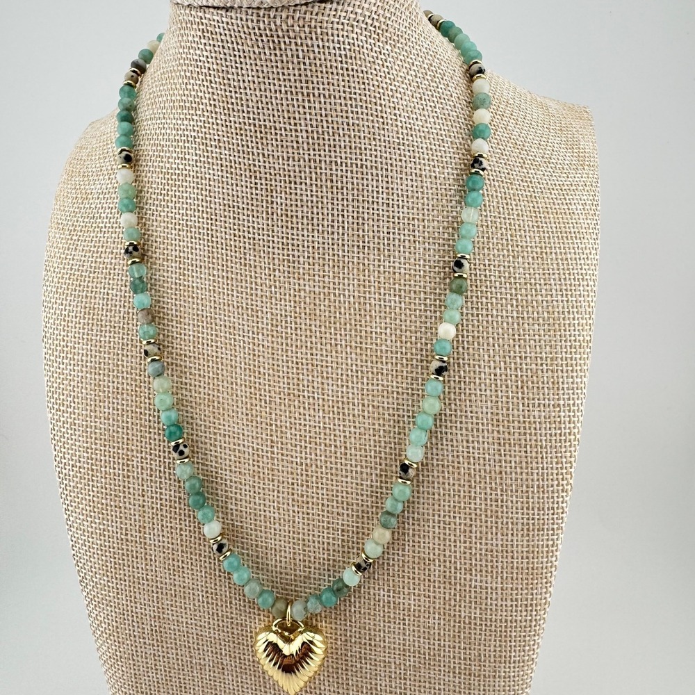 Luna Norte Genuine Gemstone Beaded Necklace Gold Tone Heart Pendant 18" + 2" NEW